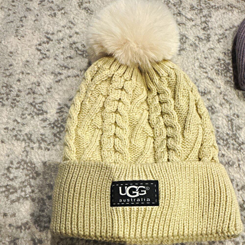 UGG Women’s Beige Cable Knit Beanie Hat w/ Pom-Pom, Lined, One Size